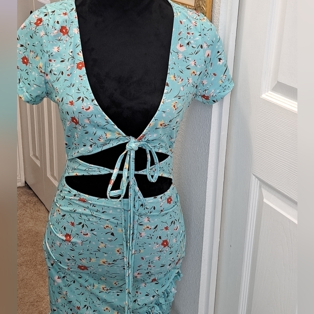 CBR Teal Floral Pattern With Tie Up Wrap Minidress